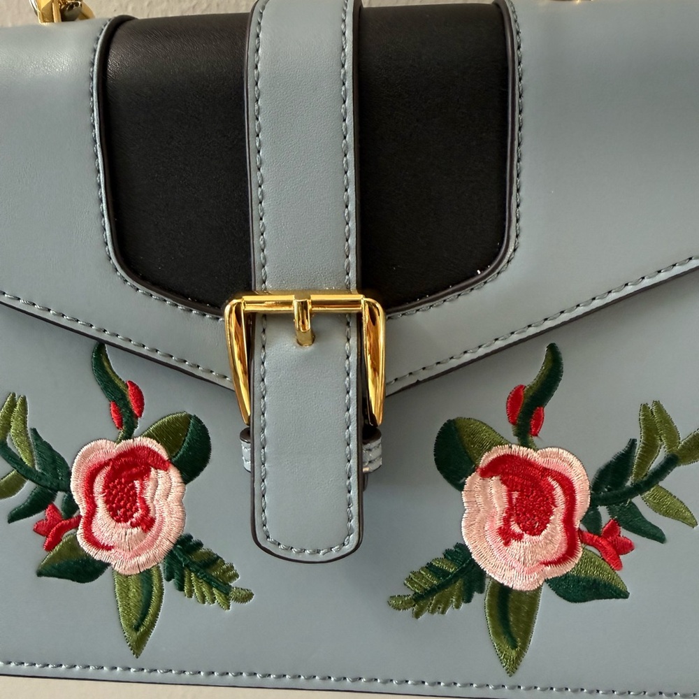 LA’FESTIN Floral Embroidered Blue Leather Style Bag with Two Crossbody Straps. - Picture 7 of 14